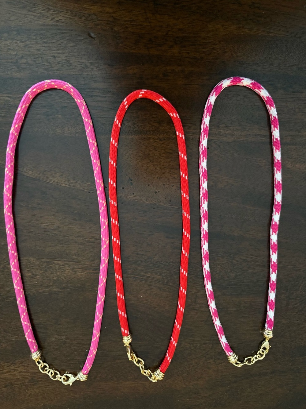 Charm cords for necklaces in pink and red shades ~NEW with gold-tone metal clasp